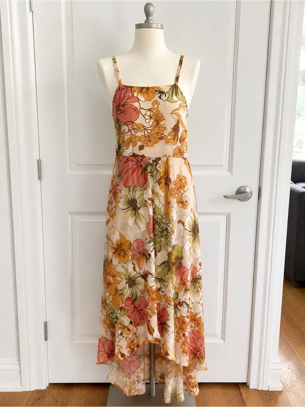 Lulu's Floral Spaghetti-Strap High-Low Midi Dress in Coral, Mustard & Olive
